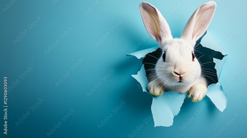 Poster rabbit is peeking out of a hole in a blue background. the rabbit is white and has a curious expressi