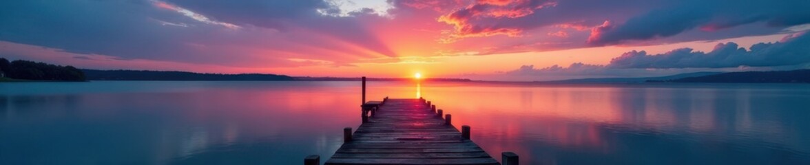 Mystical dawn, vibrant hues paint sky above still lake & weathered jetty , tranquil, landscape