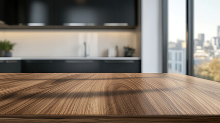 beautiful wooden tabletop in clean kitchen setting, showcasing modern design with natural light streaming in. warm tones of wood create welcoming atmosphere