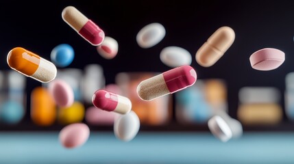 Bunch of pills are flying through the air. The pills are of different colors and sizes. Concept of chaos and disorder, as the pills are scattered in various directions