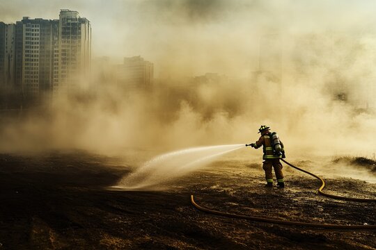 Firefighter battles flames amidst thick smoke, showcasing braver