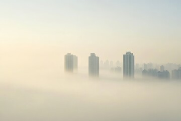 Tall buildings emerge from dense fog, creating mysterious urban