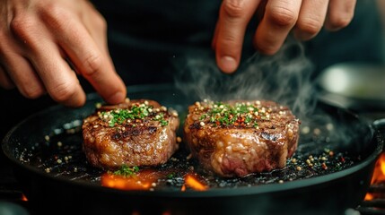 Chef's hands seasoning grilling steaks outdoors over flames