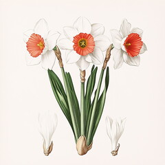 Delicate daffodils with vibrant orange centers showcasing botanical illustration in detail