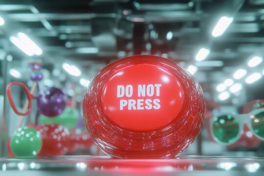 Bright red button with warning message stands out in futuristic
