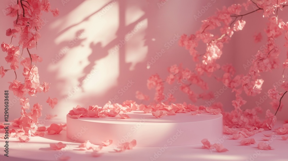 Poster soft pink background with scattered rose petals creating a romantic atmosphere for a product display