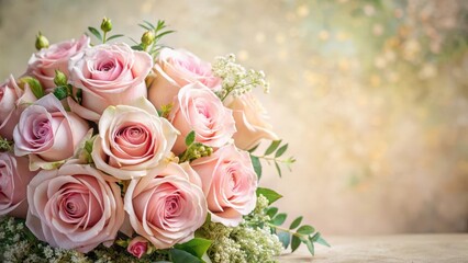 A stunning bouquet of pink roses with delicate petals and soft greenery on a neutral background