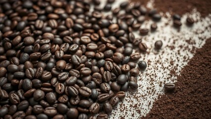 Obraz premium Rich coffee beans spread across a textured surface with freshly ground coffee adding depth and dimension, spread, industry, caffeine