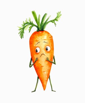 Watercolor cartoon illustration of a sad scared carrot isolated on white background.