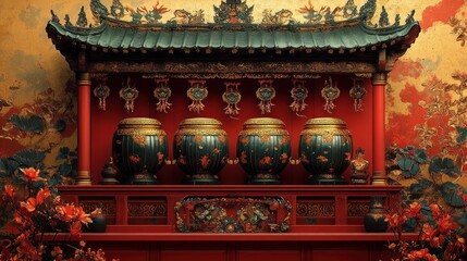 Chinese ancestral shrine, ornate jars, ceremonial offerings, floral decorations