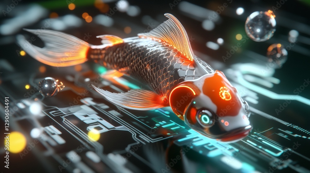 Poster futuristic digital koi fish virtual environment 3d digital art artificial underwater scene close-up 