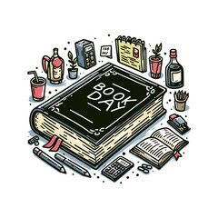 Book Day Celebration - Whimsical Workspace with Open Book, Stationery, and Office Supplies Illustration