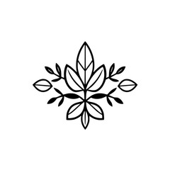 Elegant symmetrical black and white illustration of leaves, centered on a white background.