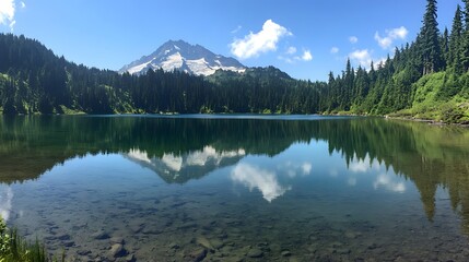 Scenic lake surrounded by mountains, clear blue sky reflecting on water, ideal for nature lovers and peaceful retreats.
