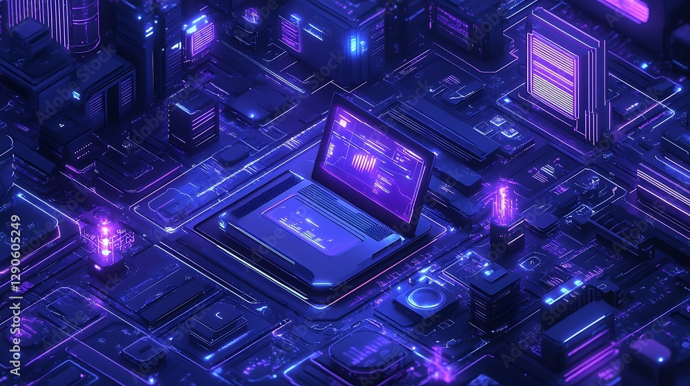 Poster futuristic laptop with data visualizations, a futuristic laptop with glowing graphics and data visua