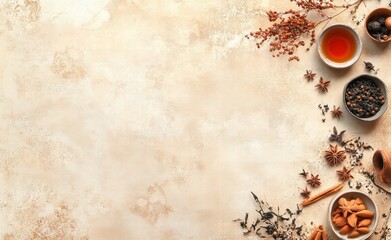 A collection of Chinese medicinal herbs and spices arranged on a light background to form a circular frame.