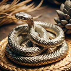 Obraz premium Elegant Golden Snake Sculpture Coiled on Decorative Background Surface