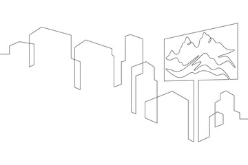 Continuous one line drawing Advertising billboard in the city. Panorama of the city. High mountain on an advertising billboard. Mountain on a banner.Not AI.