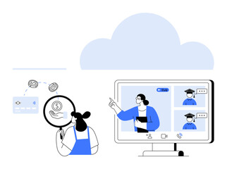 Person analyzing financial data with magnifying glass, teacher presenting on screen during online class. Ideal for online education, virtual meetings, financial analysis, remote learning, business