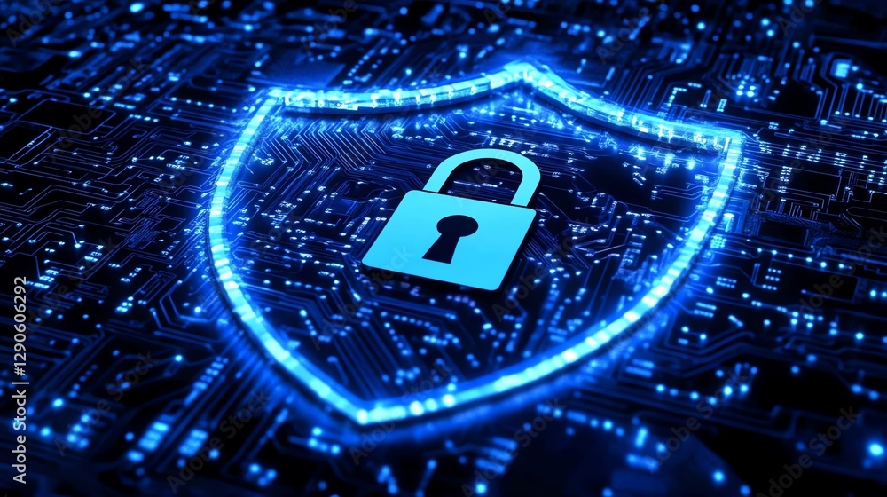 Poster illustration of a blue cyber shield with encryption symbols and digital locks securing data