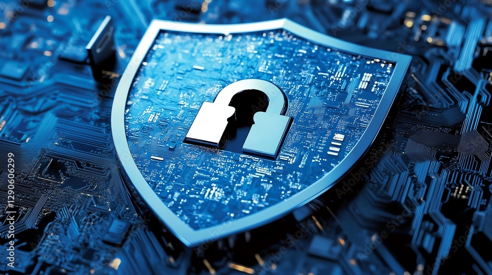 Poster illustration of a blue cyber shield with encryption symbols and digital locks securing data