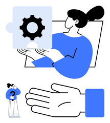 Puzzle piece with gear held by person, small figure holding a question mark, and large open hand. Ideal for creativity, problem-solving, innovation, teamwork, brainstorming ideas support. Line