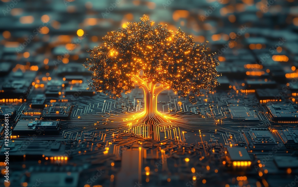 Leinwandbilder illustration of a neon glowing tree growing from a microchip on an electronic circuit board, symboli