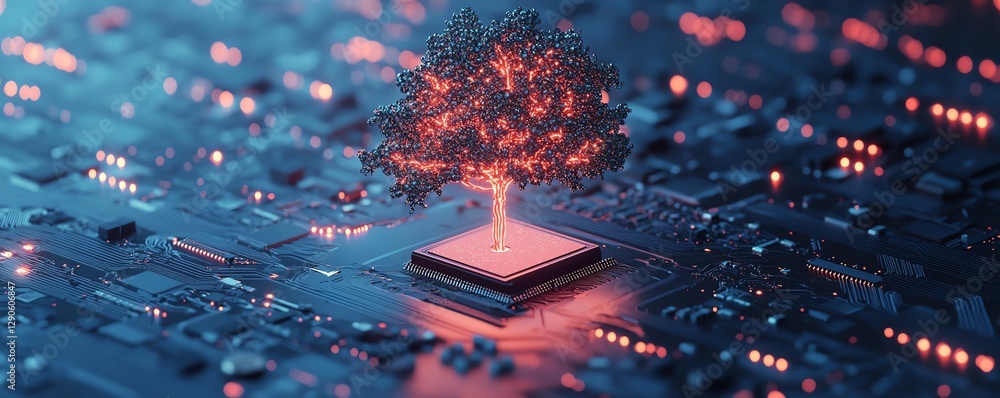 Leinwandbilder illustration of a neon glowing tree growing from a microchip on an electronic circuit board, symboli