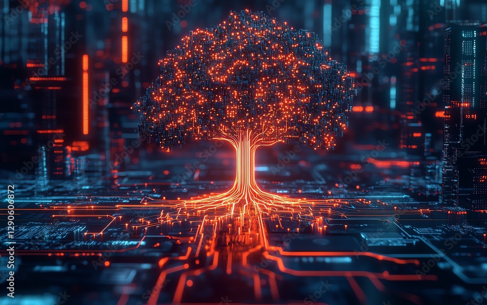 Leinwandbilder illustration of a neon glowing tree growing from a microchip on an electronic circuit board, symboli