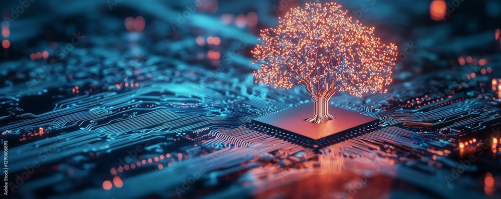 Leinwandbilder illustration of a neon glowing tree growing from a microchip on an electronic circuit board, symboli