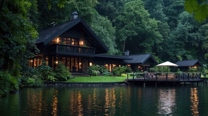 Obraz premium Lakeside Chalet at Dusk, Illuminated