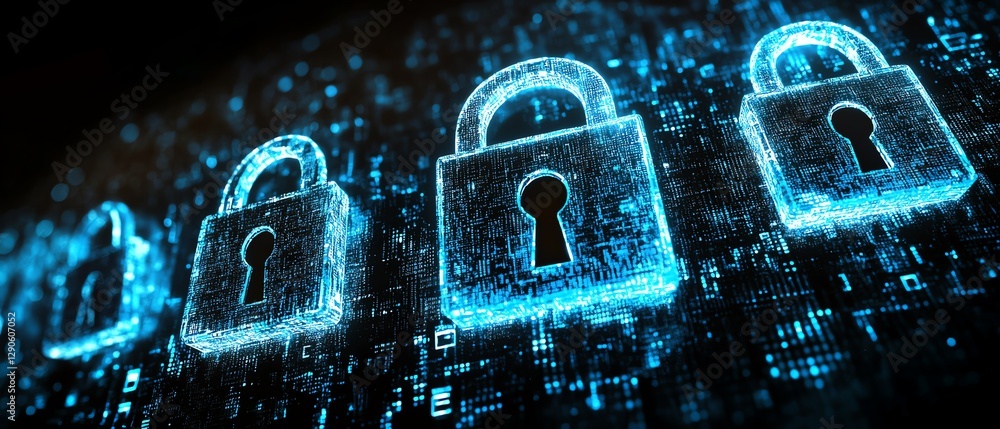 Aufkleber illustration of encryption symbols and digital locks securing data, with a blue cyber shield protect