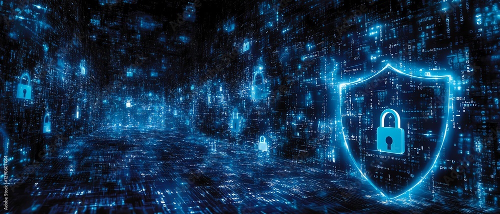 Poster illustration of encryption symbols and digital locks securing data, with a blue cyber shield protect