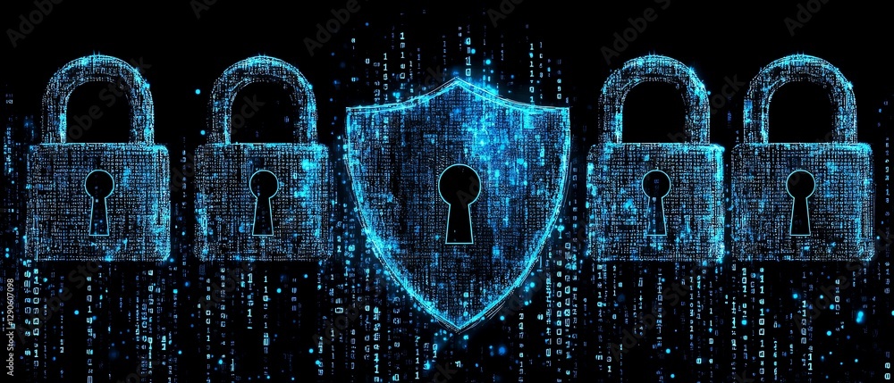 Poster illustration of encryption symbols and digital locks securing data, with a blue cyber shield protect