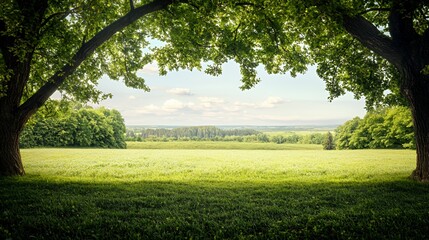 Serene Summer Landscape with Lush Green Field and Trees