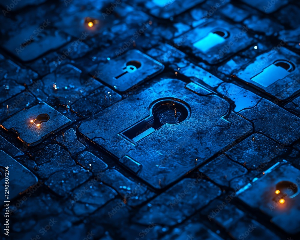 Poster Artistic representation of encryption symbols and digital locks securing data