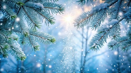 Obraz premium Frosty fir branches tangled in icy winter landscape, snowflakes gently falling all around, evergreen, serene, evergreen, serene