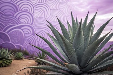 Fototapeta premium Vibrant Green Agave Plant with Spiky Leaves Against Artistic Purple Background