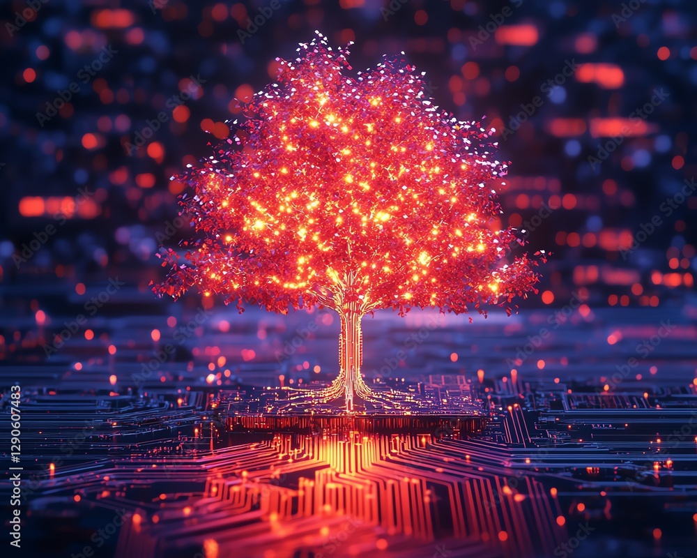 Poster concept art of a neon glowing tree growing from an electronic circuit board
