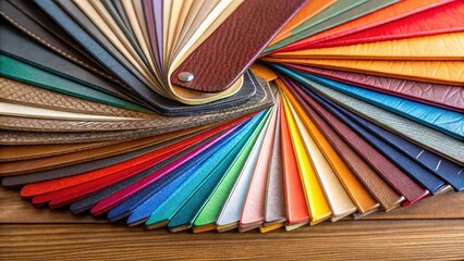 Colorful leather fan catalog with various materials and finishes, material options, personalized touches