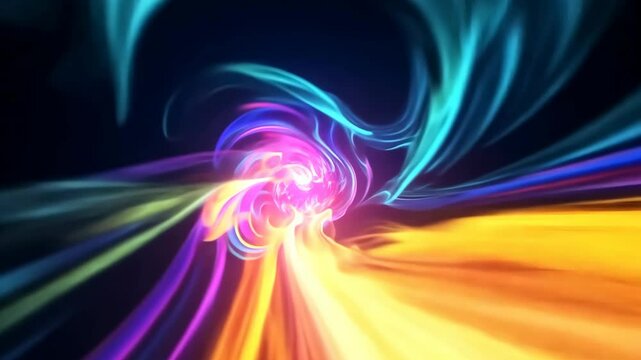 Dynamic abstract tunnel with vibrant neon colors swirling in spiral motion. Film strip frame captures futuristic light trails creating hypnotic vortex effect against dark background - Powered by Adobe