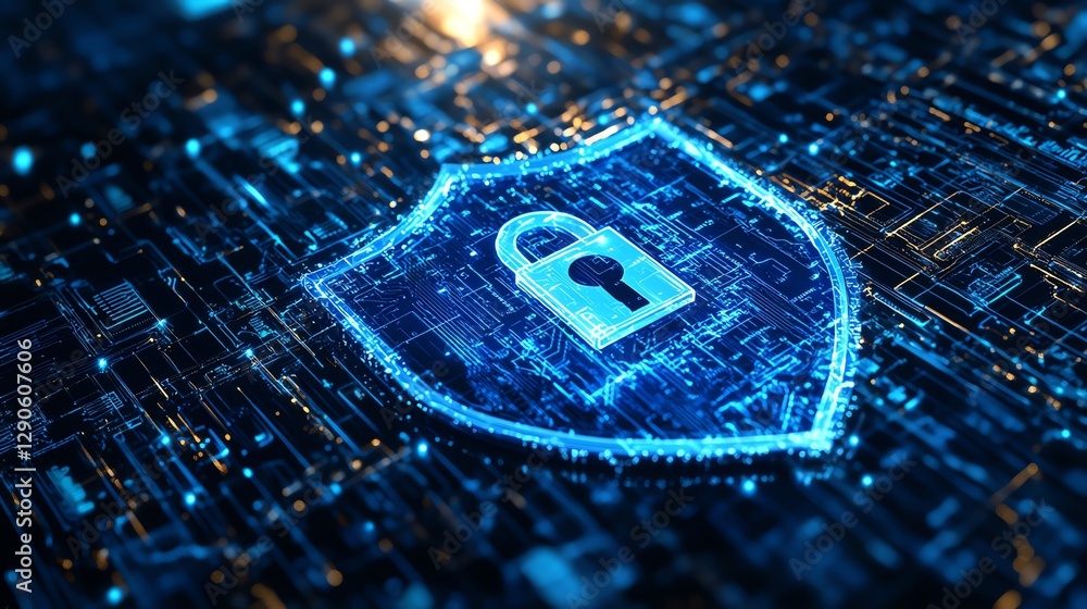 Leinwandbilder concept art of encryption symbols and a digital lock, with a blue cyber shield protecting data from 
