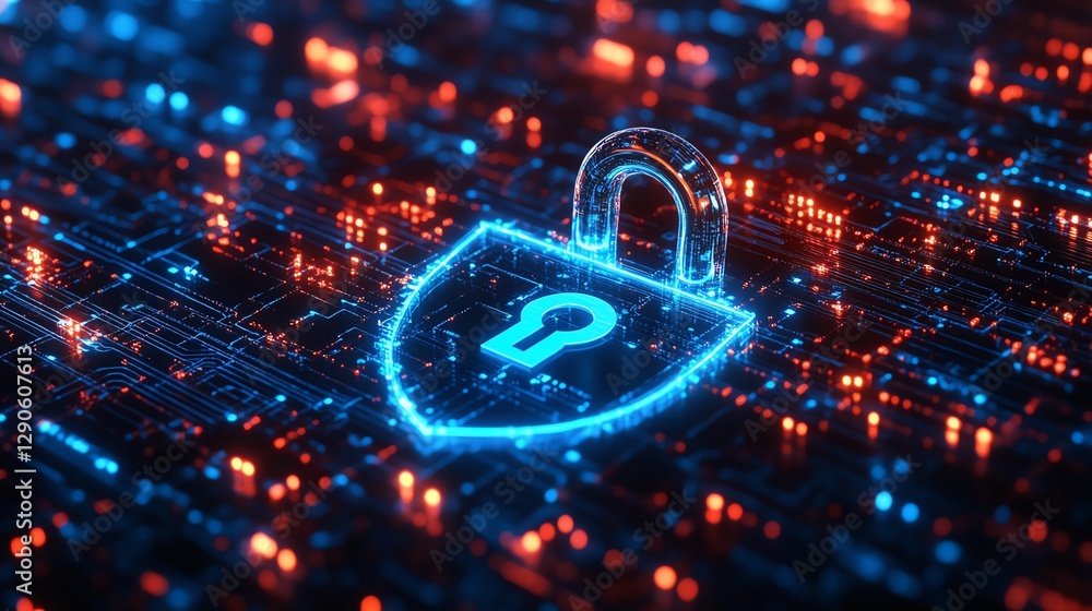 Fototapete concept art of encryption symbols and a digital lock, with a blue cyber shield protecting data from 