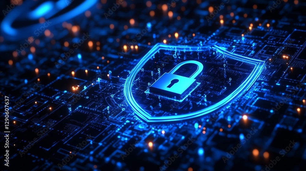 Poster Concept art of encryption symbols and a digital lock, with a blue cyber shield protecting data from dark web threats, representing technology, security, and network safety online