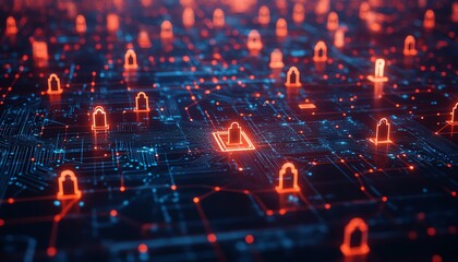 Obraz premium Creative artwork of digital locks on a network circuit board, representing cybersecurity, secure systems, and modern tech solutions for protecting against cyber threats