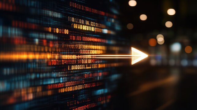 Digital data flow with binary code and directional arrow