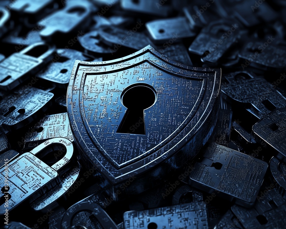 Fototapete Creative concept of encryption symbols and digital locks, with a blue cyber shield defending against dark web attacks, symbolizing technology, secure data, and network safety