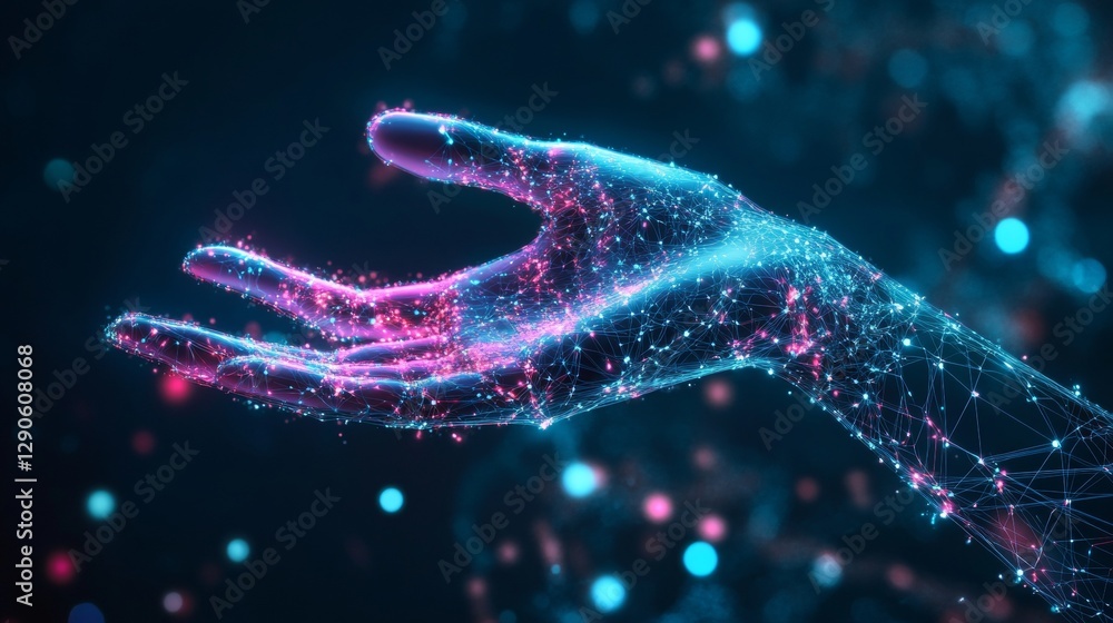 Poster dynamic digital interaction glowing hand gesture in virtual space futuristic environment motion grap