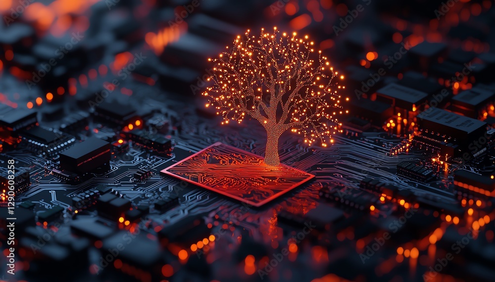 Poster creative illustration of a neon tree glowing on a microchip circuit board