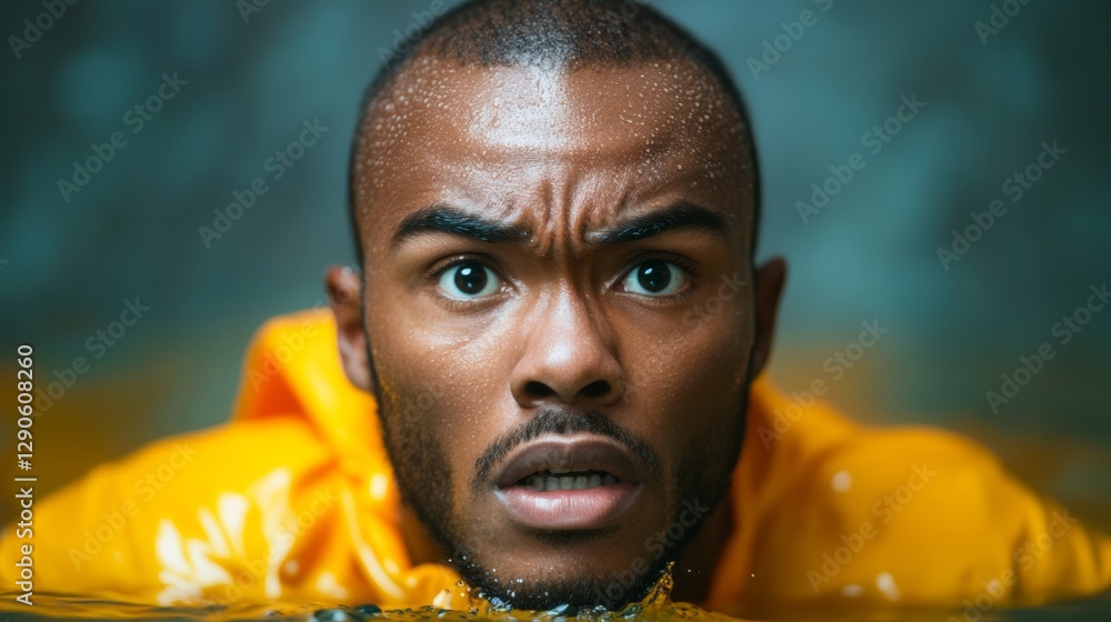 Poster man in a yellow jacket is in a pool of water. he is looking at the camera with a surprised expressio